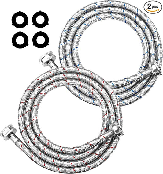 6Ft Stainless Steel Washing Machine Hose by Puxyblue for All Washers - 2 Pack Burst Proof Red and Blue Braided Hoses for Hot and Cold Water Supply - 10 Years Warranty