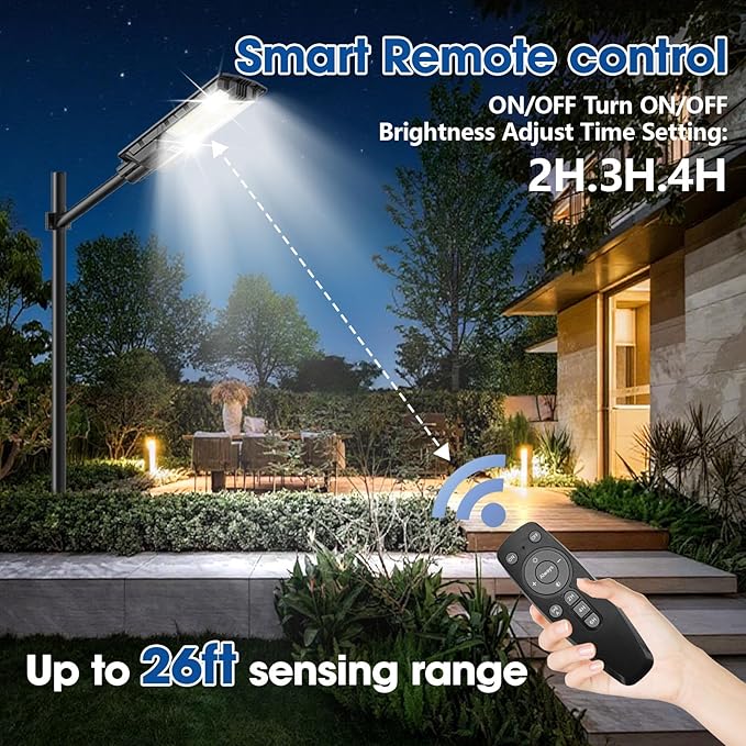 10000W Solar Street Light - 6500K Dusk to Dawn, IP65 Waterproof, Wide-Angle Motion Sensor + Remote Control for Courtyards/Parking Lots