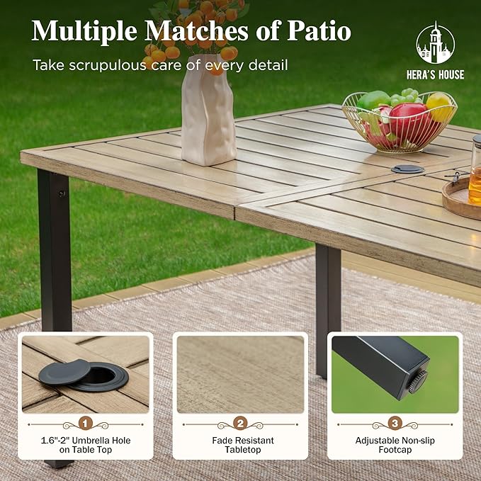HERA'S HOUSE Patio Dining Set, Outdoor Table Chairs, 6 x All Weather High Back Foam-Padded Dining Chair, 1 x Wood Look Metal Dining Table for Patio, Lawn, Garden, Porch, Festival