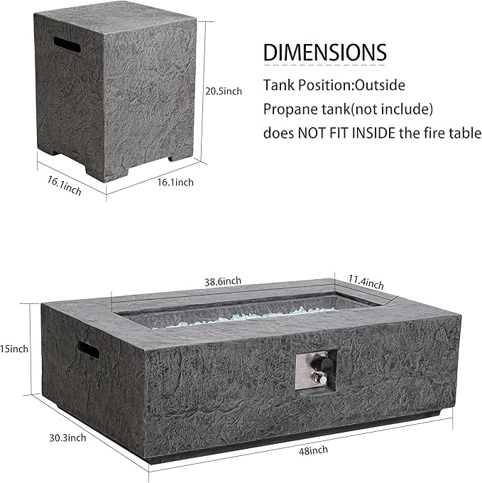 NAGA HABNA 48 Inch Propane Fire Pit Table, Outdoor Rectangle Fire Table w Tank Table (50,000 BTU), 2 Piece Slate Gas Fire Pit in Dark Grey w White Fire Glass for Garden, Pool, Backyard
