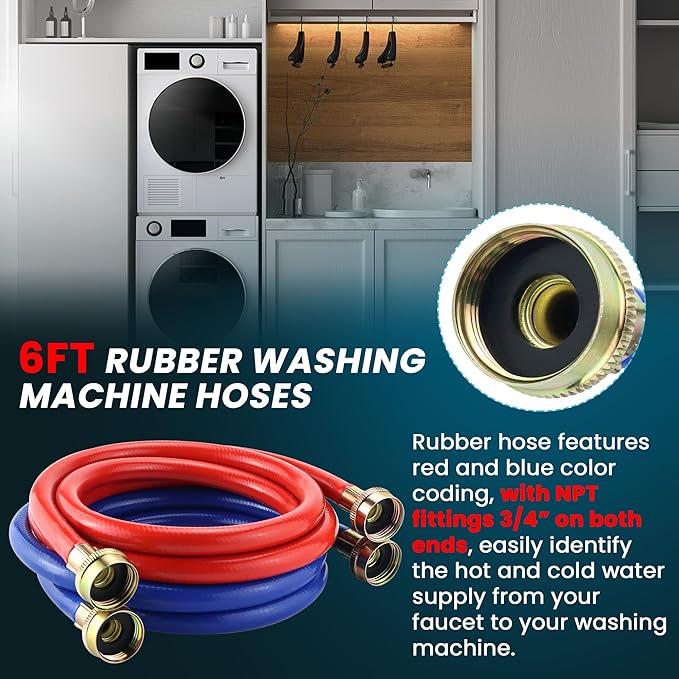 2 PACK Rubber 6FT Washing Machine Hoses Burst Proof Red and Blue Coded Washer Hoses for Hot and Cold Water 3/4" Connection Water Supply Lines by Fetechmate - 10 YEAR WARRANTY