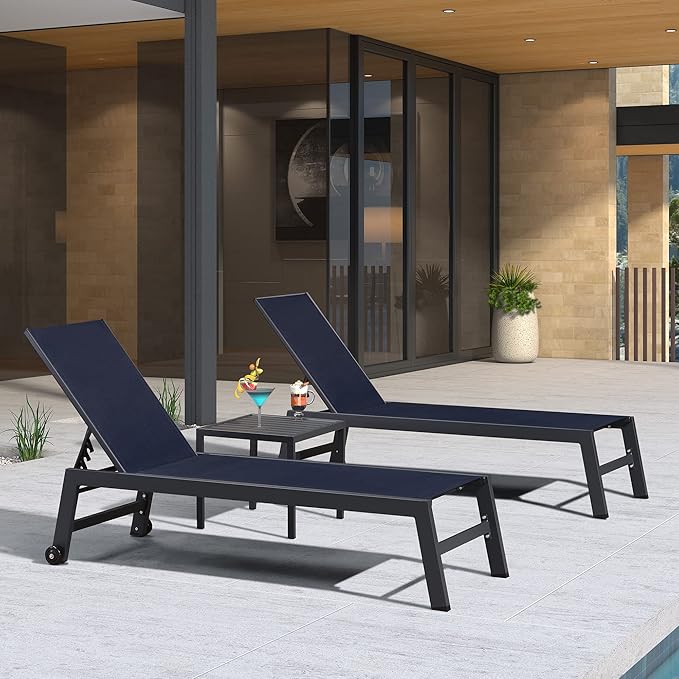 PURPLE LEAF Patio Chaise Lounge Set 2 Pieces Textilene Pool Lounge Chairs with Wheels Sunbathing Chair for Outdoor Yard (2 Navy Blue Lounges W/Side Table)