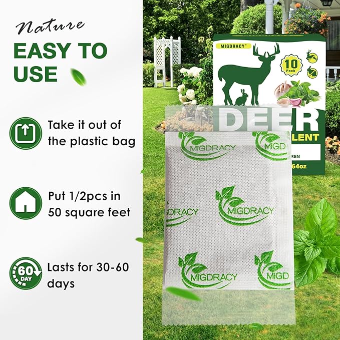 Deer Repellent, Rabbit Repellent Pouches, 10Pack Peppermint Oil to Repel Deer and Rabbit, Keep Deer and Rabbit Away from Yard and Garden, Outdoor Use
