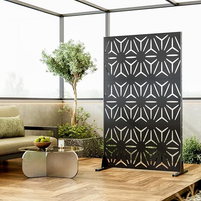 Heavy-Duty Outdoor Privacy Screen for Patio, Balcony, Backyard - 72" H * 44" W Tall Metal Room Divider with Modern Geometric Pattern, Anti-Tipping Kit, Weather Resistant, Easy Assembly