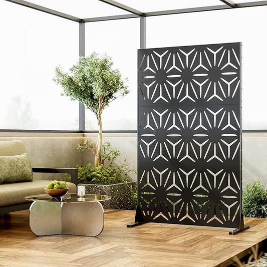 Heavy-Duty Outdoor Privacy Screen for Patio, Balcony, Backyard - 72" H * 44" W Tall Metal Room Divider with Modern Geometric Pattern, Anti-Tipping Kit, Weather Resistant, Easy Assembly