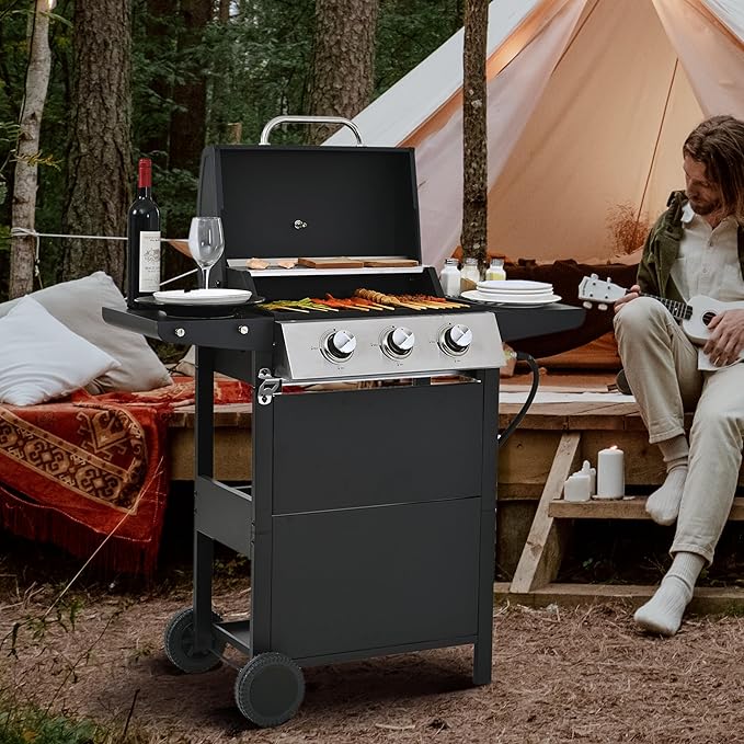 Propane Gas Grill 3 Burner Barbecue Grill, Stainless Steel 26,000 BTU Patio Garden Barbecue Grill with Two Foldable Shelves