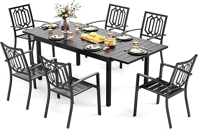 MFSTUDIO Outdoor Dining Set for 6, Expandable Patio Table and Chairs Set, 7 Piece Metal Patio Dining Set, Patio Furniture Set for Deck Backyard Poolside Garden