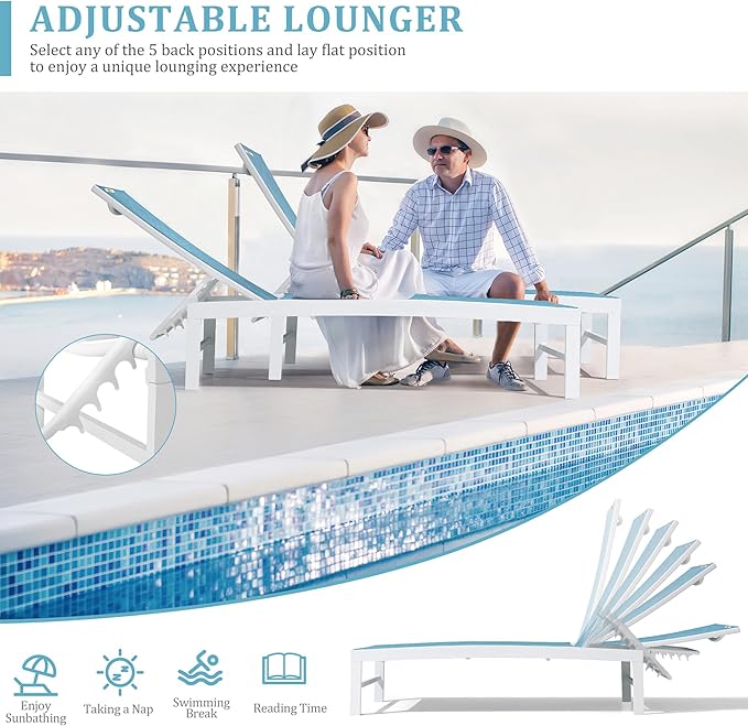 Patio Aluminum Chaise Lounge Chair, Outdoor Recliner Lounge Chair Sun Loungers, All Weather Chaise with 5 Adjustable Backrest and Lay Flat Positions for Garden, Balcony, Pool