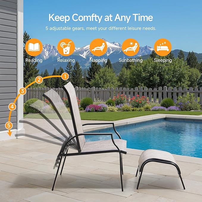 5 Pieces Patio Bistro Set with 2 Patio Chairs and 2 Ottomans, Outdoor Furniture Set with with a Table and Chairs for Poolside, Balcony, Porch, Lawn, Deck, Garden