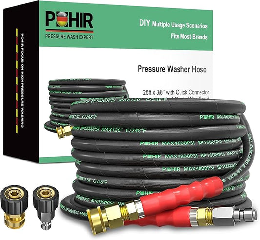POHIR 3/8 Inch Pressure Washer Hose 25 FT with Adapter Set, 4800PSI Hot and Cold Water Max 248°F, High Tensile Wire Heavy Duty Commercial Grade Hose, 2pcs M22 14mm to 3/8 Quick Connect Accessories