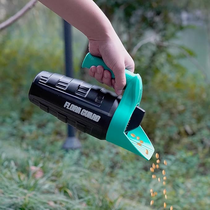 FLORA GUARD Hand Spreader Shaker, Multiple Adjustable Opening Sizes for Grass Seed, Fertilizer & Earth Food, Snow Salt, Ice and Snow Melt, Lightweight and Easy to Use for Women & Seniors– Up to 30Oz