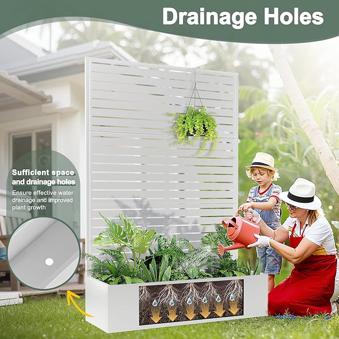 Metal Planter Box with Trellis Privacy Screen, Large Raised Garden Beds with Trellis for Climbing Plants, Flowers, Privacy Planters with Drainage Holes for Patio (47" L, White Blinds)