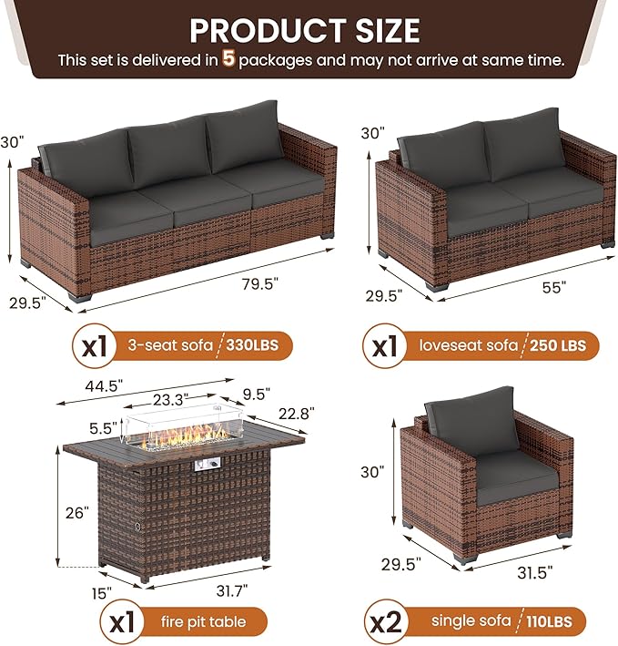 UDPATIO Patio Furniture Set with 44" Fire Pit Table, 5 Pieces Outdoor Furniture Sets, Wicker Rattan Patio Conversation Sets with Outdoor Sofa Waterproof Covers for Porch Deck Backyard, Grey