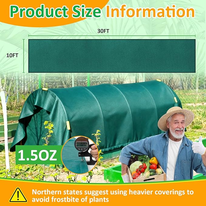 Green Plant Covers Freeze Protection, 10 x 30 ft - 1.5 oz/yd² Frost Cloths for Outdoor Plants, Tree Covers Freeze Protection, Winter Garden Blanket, Sun Cover for Plants for Greenhouse, Vegetables