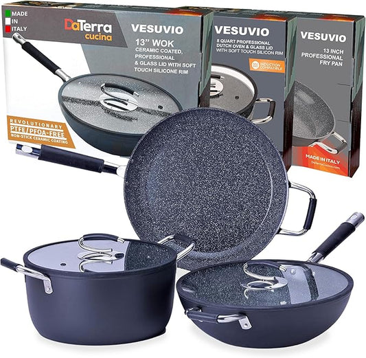 DaTerra Cucina Nonstick Family Bundle – 13" Frying Pan, 13" Wok with Lid, 8 Qt Dutch Oven with Lid – Oven Safe, Ceramic Nonstick, PTFE & PFOA Free – Made in Italy, Volcanic Black Speckled