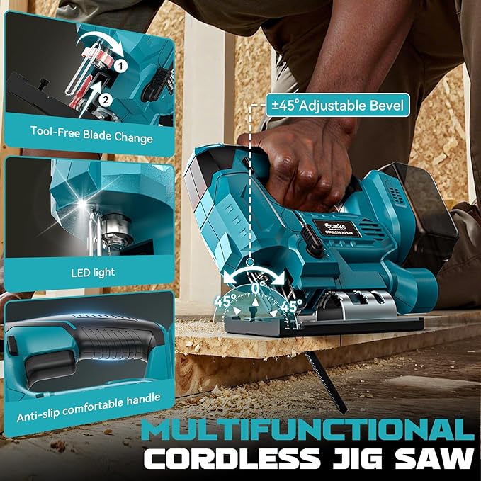 Ecarke Cordless Jig Saw Compatible With Makita 18V Battery, Brushless, 7 Speeds Dial Control, 4 Orbital Sets, Dust-Blowing, ±45° Bevel Cuts, LED Light and 6PCS Blades For Cutting (Without Battery)