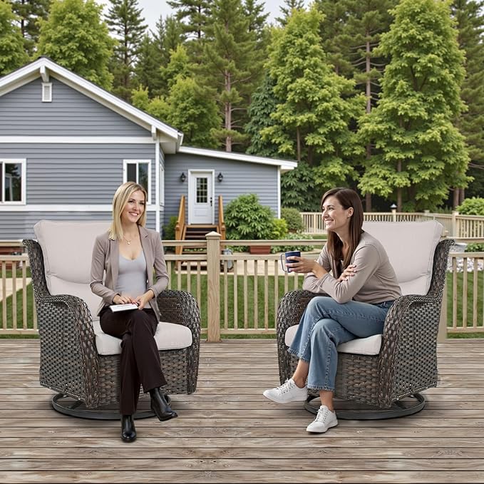 Outdoor Swivel Rocker Patio Chairs Set of 4 with Ottoman Coffee Table - 5" Thick Cushion 7 Piece Furniture Set All Weather Comfortable Wicker Conversation Set for Porch Deck - Brown/Beige