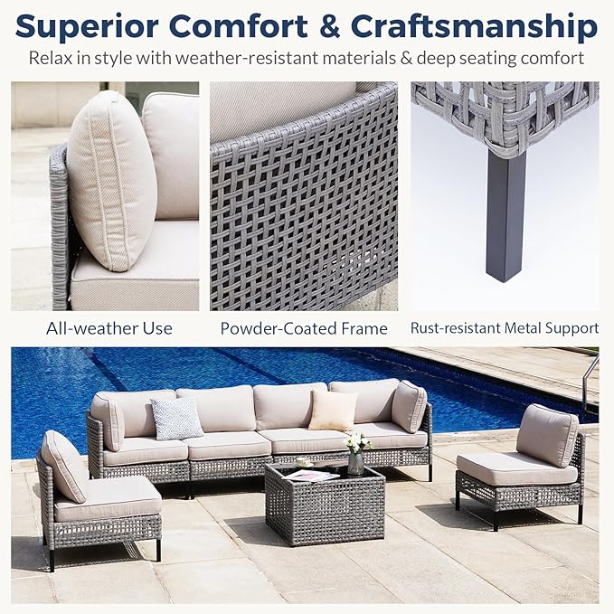 7-Piece Outdoor Wicker Sectional Set with 2 Armchairs, 4 Armless Chairs and Glass Table, Modular PE Rattan Sofa with Beige Cushions for Patio, Deck, Garden, Porch