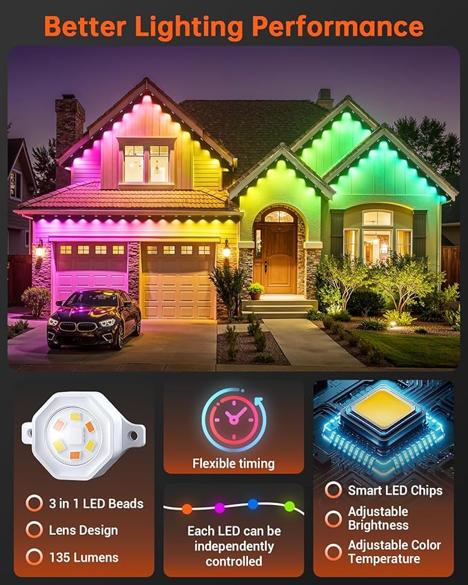 YAYZA! Permanent Outdoor Lights Pro,150ft 108 LED Smart RGB+IC+Warm/Cool White Christmas Eave Lights, 135lm, Music Sync & DIY Scenes, IP67 Waterproof for Outside Decor Works with Alexa,Google, Remote