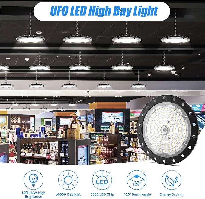 Zelvia D5 Series Led High Bay Light 6000K Daylight White LED Commercial High Bay Light Commercial High Bay Lighting with 1.2M Cable Plug Workshop Light Garage Light (6, 300W)