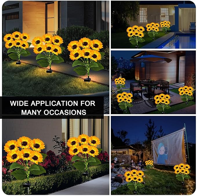 4 Pack with 24 Solar Sunflower Lights Outdoor Decorative Lights for Garden Gift for Mom and Friends, IP65 Waterproof Sunflower Garden Stake Lights for Yard Patio Lawn Pathway
