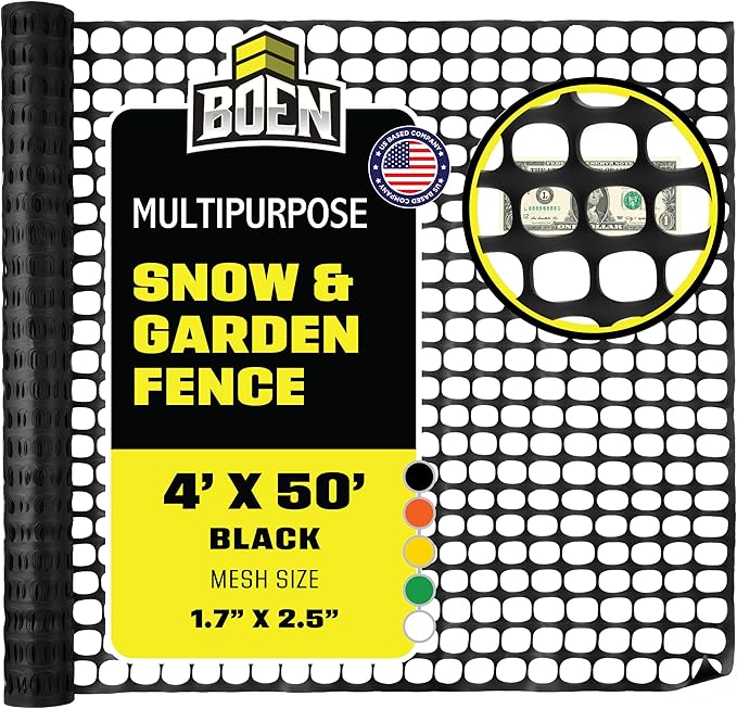 BOEN 4' x 50' Black Temporary Fencing, Mesh Snow Fence, Plastic, Safety Garden Netting, Above Ground Barrier, for Deer, Kids, Swimming Pool, Silt, Lawn, Rabbits, Poultry, Dogs