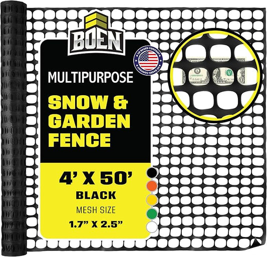 BOEN 4' x 50' Black Temporary Fencing, Mesh Snow Fence, Plastic, Safety Garden Netting, Above Ground Barrier, for Deer, Kids, Swimming Pool, Silt, Lawn, Rabbits, Poultry, Dogs