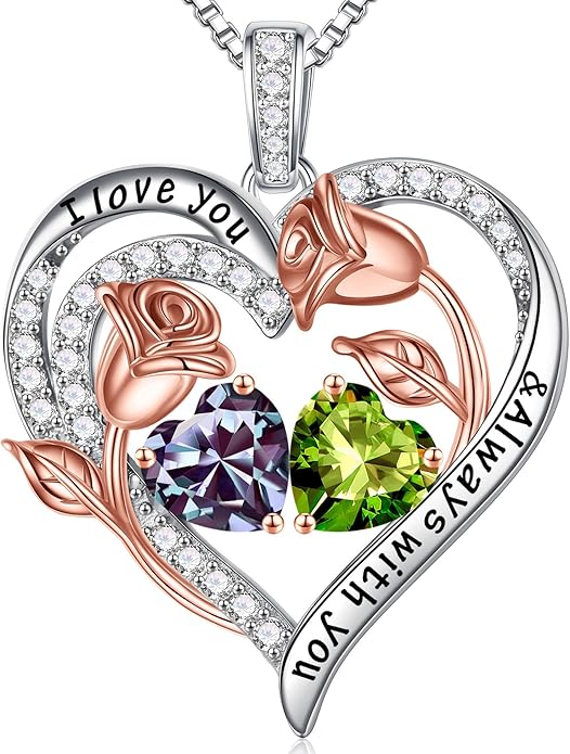 Iefil Christmas Gifts for Women Wife - 925 Sterling Silver Rose Heart Birthstone Necklace Birthday Anniversary Jewelry Gifts for Her Wife Mom Daughter