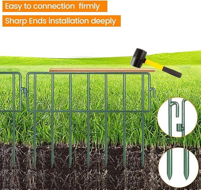 Adavin Green Animal Barrier Fence, 28 Pack 12 in(L)X10 in(H) No Dig Garden Decorative Fence 1.5" Gap, Rustproof Metal Dig Deterrent Panel Border for Dog Rabbits, Ground Stakes Outdoor Patio,Total 28Ft