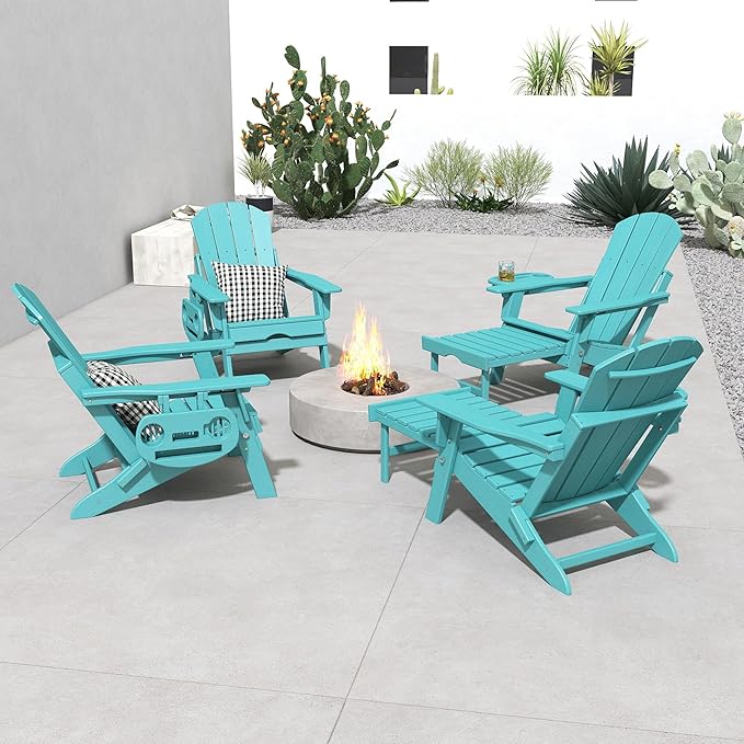 FOOWIN Adirondack Chair with Retractable Ottoman,HDPE Folding Adjustable Adirondack Chair w/4 in 1 Cup Holder Trays,All-Weather Resistant Fire Pit Chair Set of 4 Lake Blue