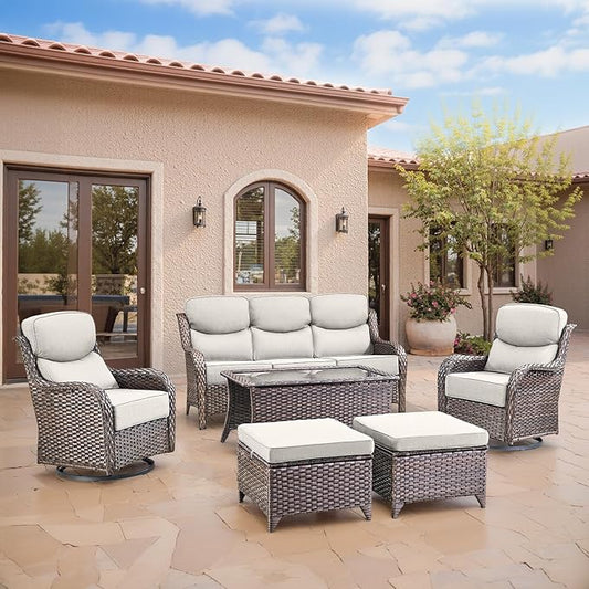Swivel Patio Chairs Sofa Set of 6 with 6" Thick Cushion - Wicker Outdoor Swivel Rocker Patio Chair,Sofa/Glass Coffee Table, High Back Comfortable Outdoor Glider Chairs - Brown Wicker | Beige Cushions