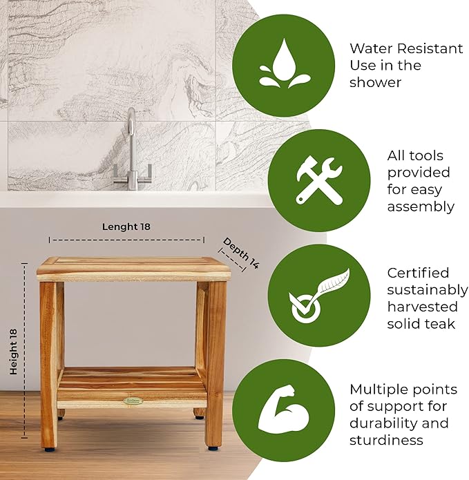 EcoDecors Eleganto 18 Inch Natural Color Waterproof Teak Wood Shower Bench Stool Seat Chair For Inside Shower Provides Safety, Storage, and Organization For Bathroom Accessories