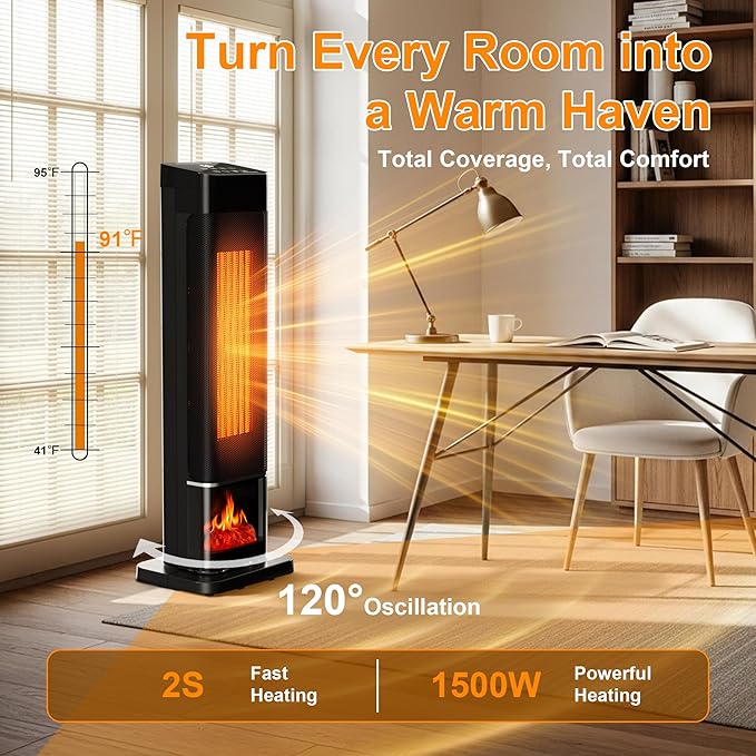 YEW Space Heater for Indoor Use, 1500W Portable Electric Heater with Thermostat, 120° Oscillation, 24H Timer, Remote Control, Ceramic Tower Heater Fan for Large Room, Bedroom, Office, Garage, 25"