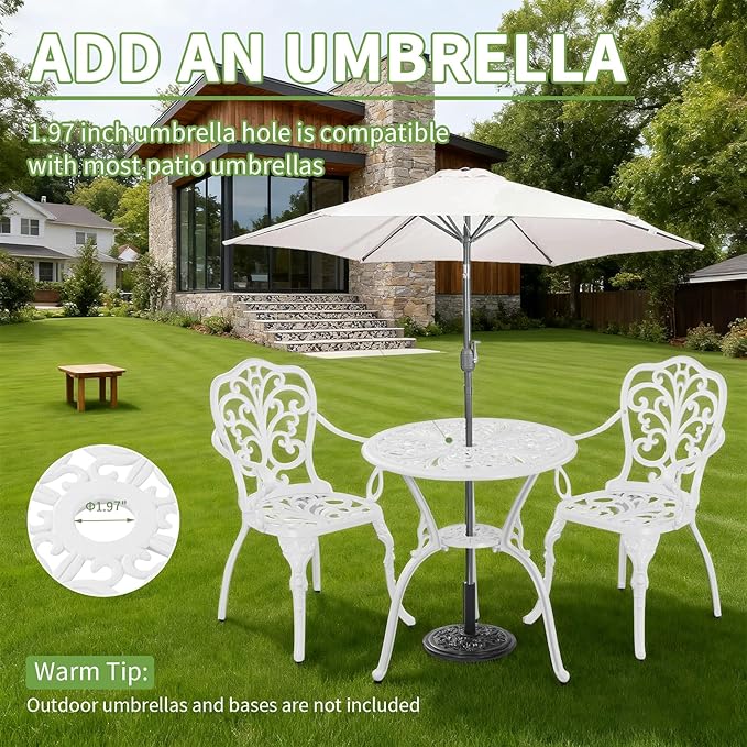 3 Piece Bistro Table Set,Outdoor Cast Aluminum Bistro Patio Table and Chair Set with 1.97" Umbrella Hole,All Weather Outdoor Dining Set for Garde,Porch,Balcony(White)
