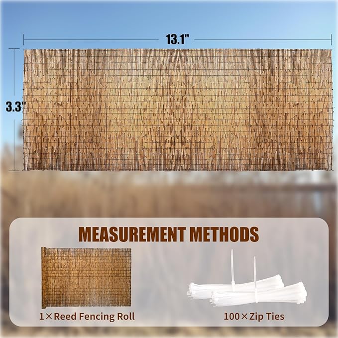 Natural Reed Fencing, Eco-Friendly Reed Fence, 3.3 feet High x 13.1 feet Long, Reed Screen for Backyard Patio Garden and More,Brown