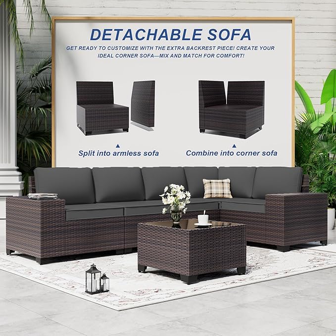 Outdoor Patio Furniture Set with Fire Pit Table, 7 Pieces Patio Furniture Set Outdoor Sectional Sofa w/43in Propane Fire Pit, PE Wicker Rattan Patio Conversation Sets - Black