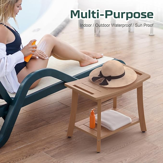 HIPS Shower Benches for Inside Shower, Waterproof Shower Stool with Storage Shelf & Adjustable Feet, SPA Bathroom Seat Chair for Shaving Legs, Indoor or Outdoor Use, Teak