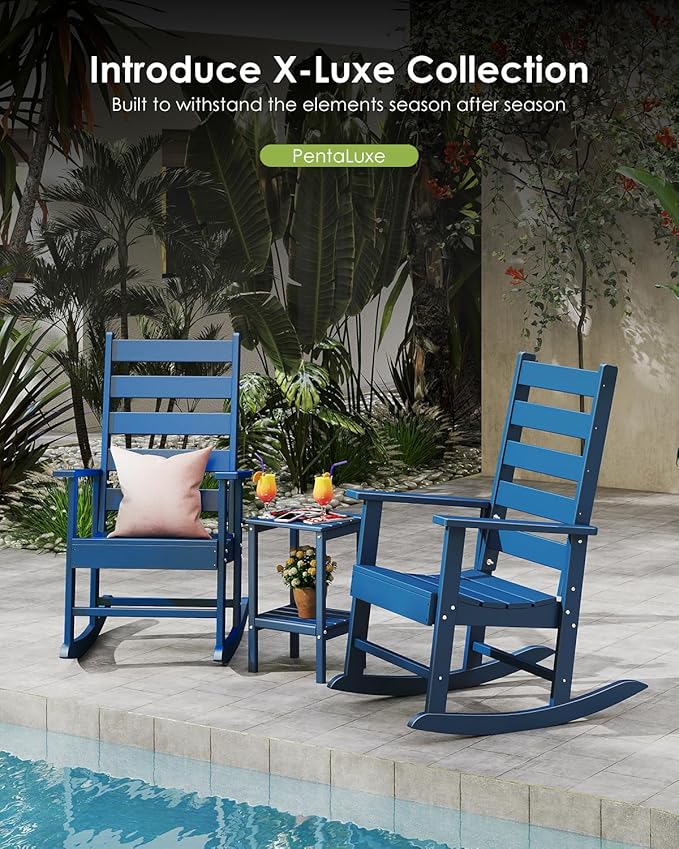 GREENVINES Outdoor-Rocking-Chairs-Set-of-4 | HDPE Plastic | Patio Rockers | Porch Rocker Chair | Shaker | Oversized | High Ladder Back | Big & Tall | PentaLuxe | Blue
