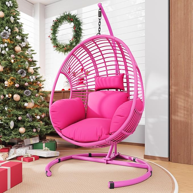 Hanging Egg Chair with Stand - Egg Swing Chair Outdoor Indoor Patio Wicker Chair Swing Hammock Egg Chairs 400lbs Capacity for Outside Patio, Bedroom, Garden and Balcony(Pink, 1PC)