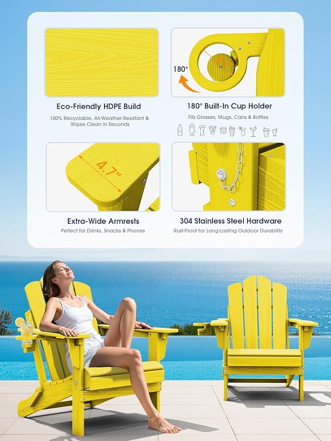 KINGYES Adjustable Folding Adirondack Chair Set of 2, 3-Position Reclining Adirondack Chairs with Cup Holder, HDPE All-Weather Oversized Adirondack for Outdoor, Patio, Backyard Deck, Fire Pit, Yellow