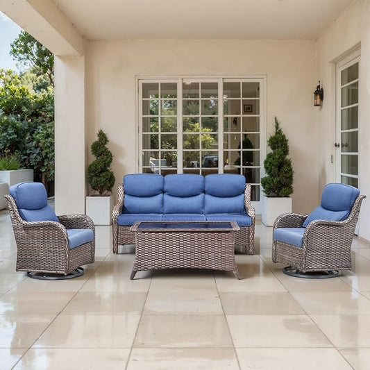 Outdoor Swivel Rocker Patio Chairs Set of 4 with Sofa - 5" Thick Cushion 4 Piece Furniture Set with Sofa All Weather Wicker Conversation Set for Porch Deck - Brown Wicker | Blue Cushions