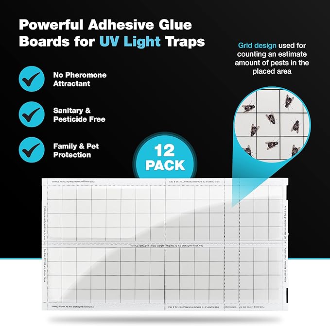 Catchmaster Vector Universal Replacement Glue Boards White, UV Light Fly Trap for Home, Unscented Gnat Traps for House, UV Lamp Insect & Mosquito Killer Refill, Adhesive Bug Light Boards, 12-Pack