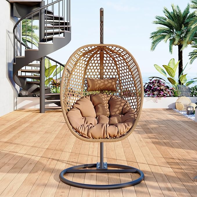Egg Swing Chair Outdoor with Stand, Hanging Egg Rattan Basket Chair with Cushion and Pillow, Lounge Chairs, Foldable Basket and Metal Stand for Porch, Patio, Bedroom, Balcony,Yard (Khaki)