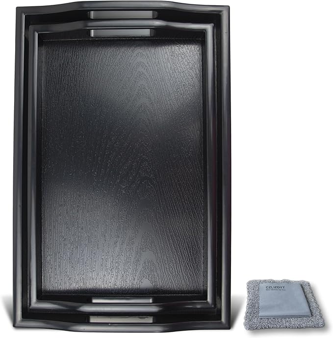 Large Black Plastic Serving Tray with Handles, Set of 2, 19+16.5'', Dishwasher Safe, Stylish, Sturdy, Shatterproof, Napkin and Cleaning Clothes Included