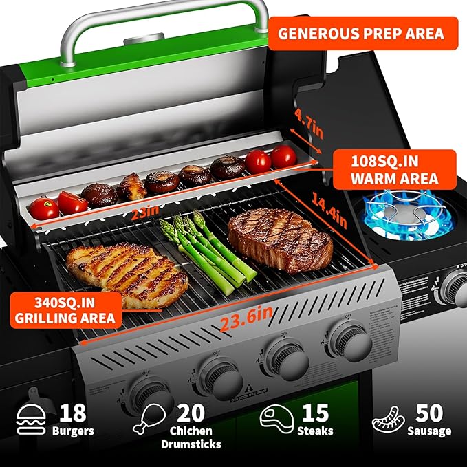 4-Burner Propane Gas BBQ Grill with Side Burner, Stainless Steel Grates, 50,000 BTU Barbeque Gas Grill for Outdoor Cooking Kitchen and Patio Backyard, with Wheels and Storage, Green