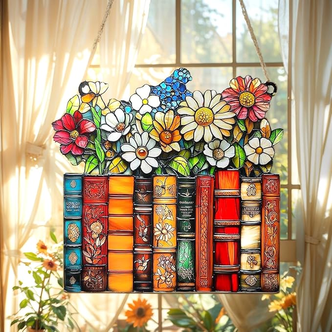 Stack of Books Christmas Ornament Floral Bookish Acrylic Suncatcher Stained Glass Effect Window Hanging for Book Lover Reading Nook Decor Gift for Librarian Readers