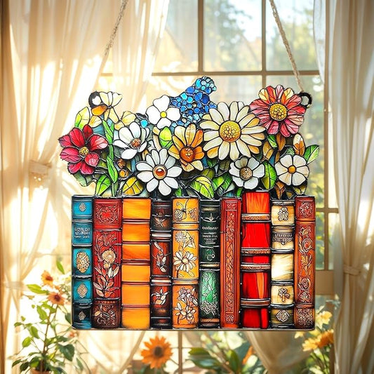 Stack of Books Christmas Ornament Floral Bookish Acrylic Suncatcher Stained Glass Effect Window Hanging for Book Lover Reading Nook Decor Gift for Librarian Readers