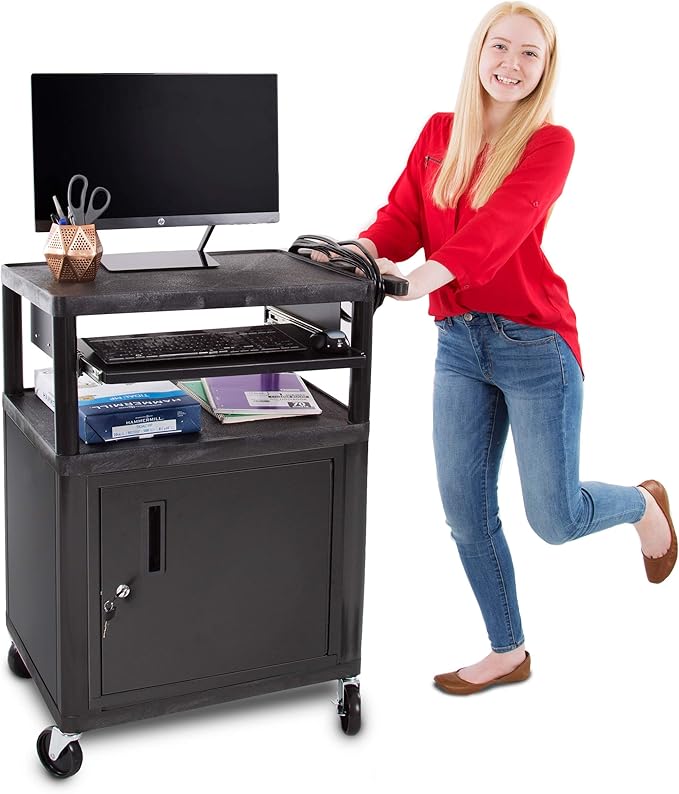 Line Leader Plastic AV Cart with Keyboard Tray and Locking Metal Cabinet, Heavy Duty Mobile Workstation with 4 Rolling Casters, 2 Locking Brakes, Heavy Duty, Holds up to 100 lbs (34 Inch w Cabinet)