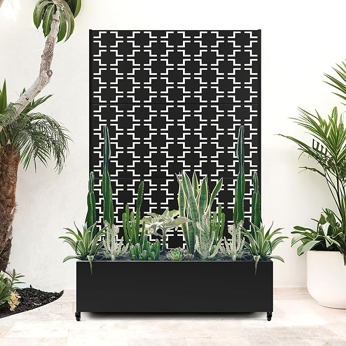 Metal Large Planter Box with Trellis Privacy Screen, Outdoor Raised Garden Beds with Wheels for Climbing Plants Vines, Outdoor Standing Flower Beds with Drainage Holes (47"L, Black Square)