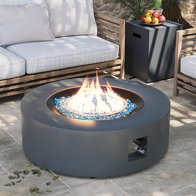UPHA 42-inch Outdoor Propane Gas Fire Pit Table 50000 BTU Iron Round Firepit for Outside Patio with Tank Hidden Table, Removable Lid, Blue Glass Rocks, Rain Cover, Grey